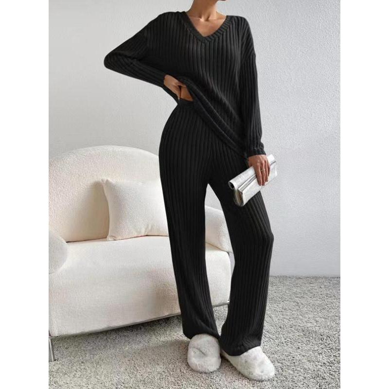 Women's Solid Drop Shoulder Pocket Lounge Set, Casual Long Sleeve V Neck Top & Straight Leg Pants Two-piece Set, Women's Sleepwear