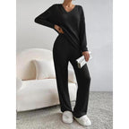 Women's Solid Drop Shoulder Pocket Lounge Set, Casual Long Sleeve V Neck Top & Straight Leg Pants Two-piece Set, Women's Sleepwear