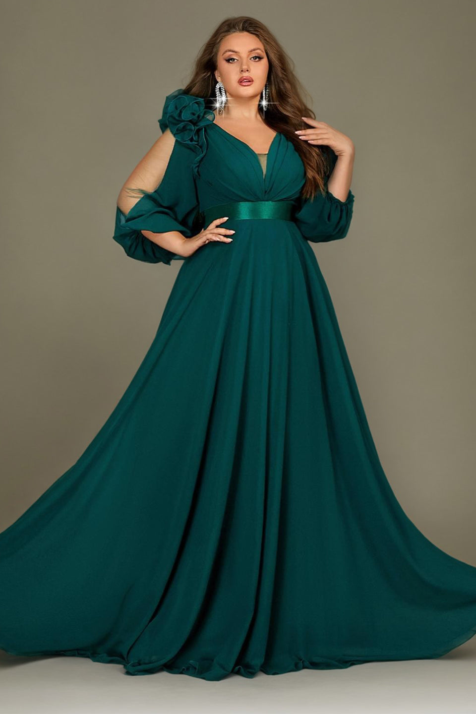 Curveins Plus Size Elegant V-Neck Batwing Sleeve Waist-Hugging Long Dress