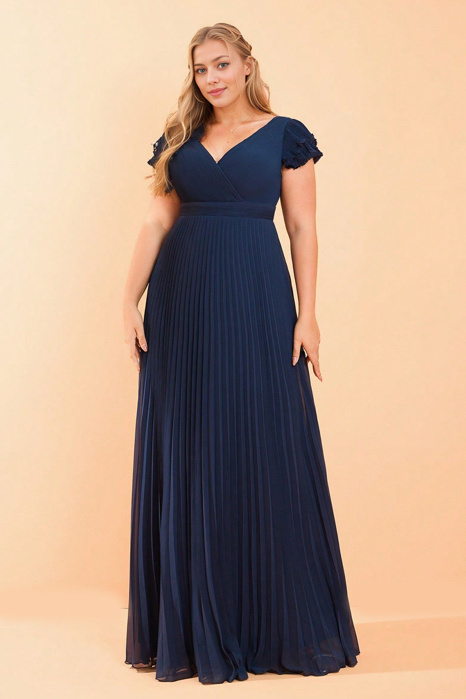 Curveins Plus Size V Neck Short Sleeve Ruched Waist Flowy Elegant Maxi Dress