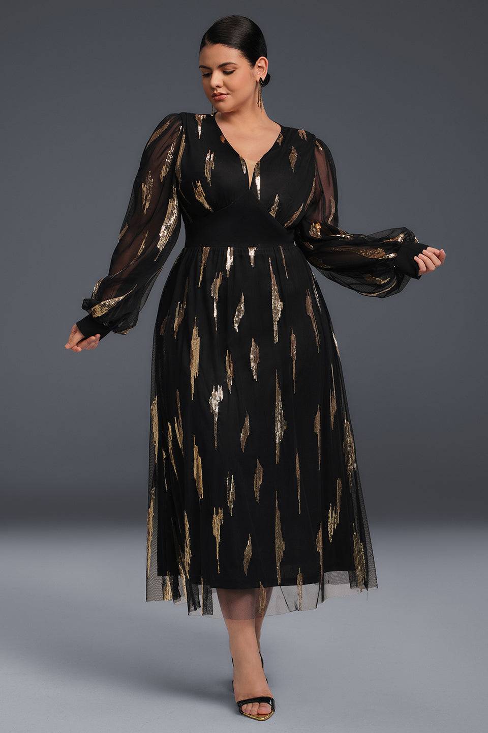 Curveins Plus Size V-Neck Sequin Long Sleeve Maxi Dress