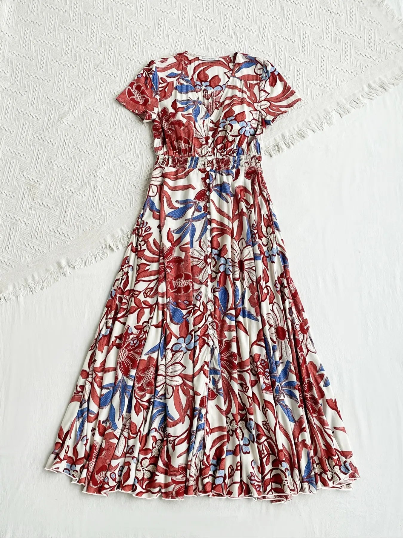 Women's Floral Print Button Front Shirred Bohemian Casual Wear Dress, Boho Pocket V Neck Short Sleeve A Line Dress, Women's Dress for Summer Beach Holiday Vacation, Casual Boho Chic