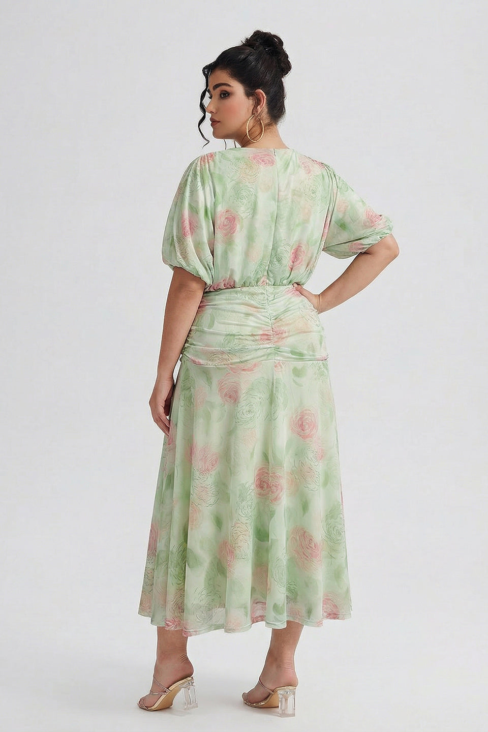 Curveins Plus Size V Neck Puff Sleeve Waist Defining Floral Print Elegant Maxi Dress