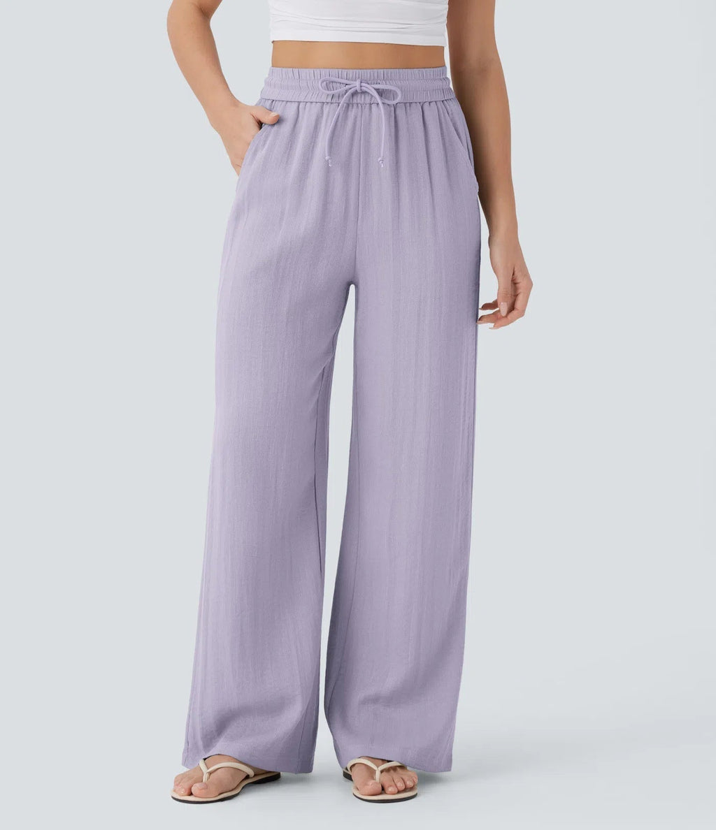Casual High-Waisted Linen Trousers with Drawstring and Wide Pockets