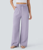 Casual High-Waisted Linen Trousers with Drawstring and Wide Pockets