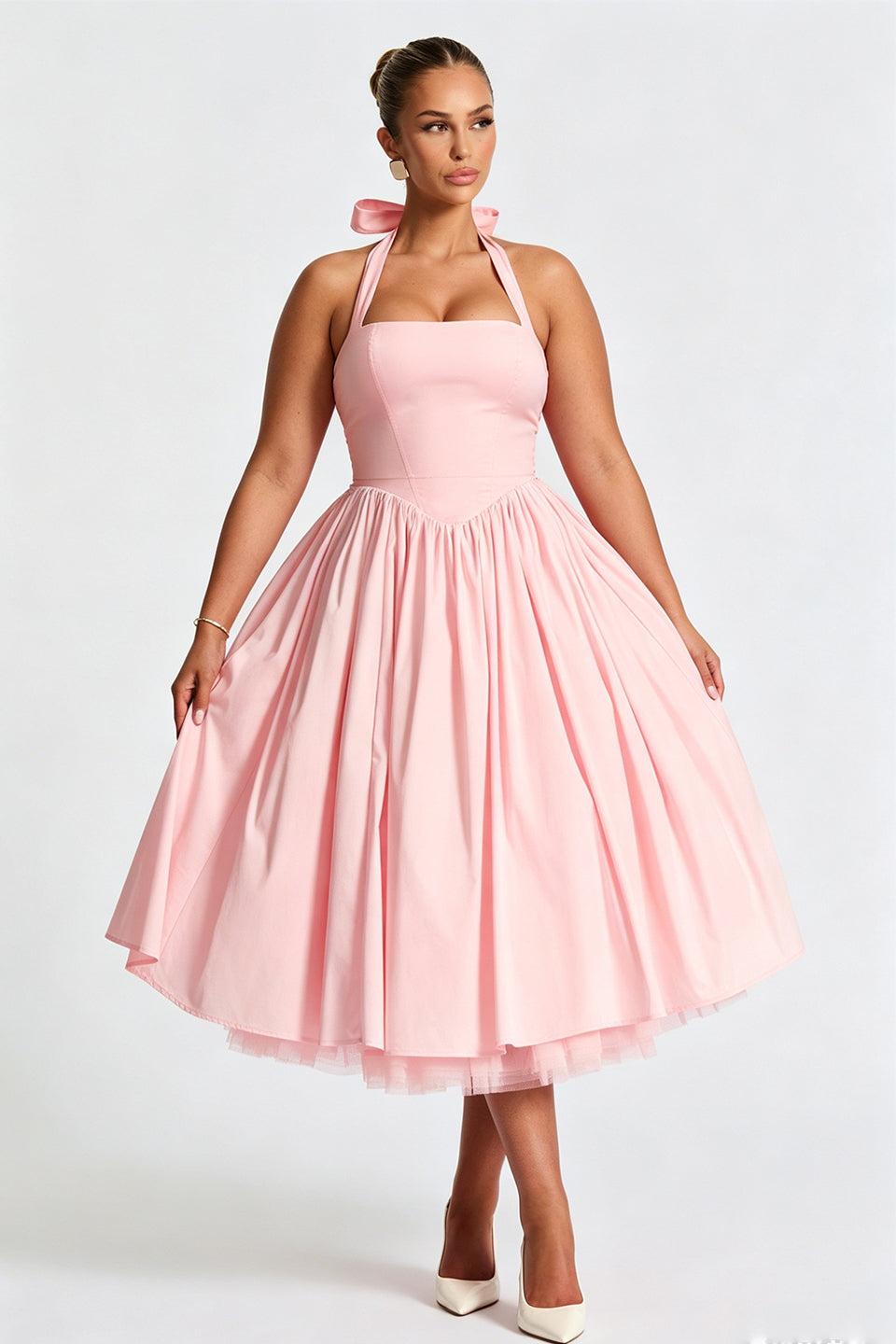 Curveins Plus Size Halter Neck Spaghetti Strap Sleeveless Puff Skirt Midi Dress