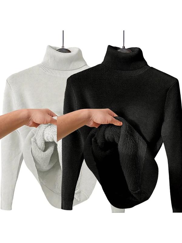 Women's Solid Thermal Lined Drop Shoulder High Neck Sweater, Casual Solid Long Sleeve Jumper For Daily Outdoor Wear, Women Knit Top for Fall & Winter