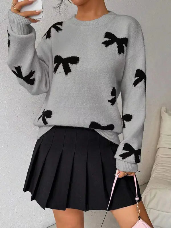Fashion Bow Print Casual Basic Loose Knitted Sweater Pullover Autumn/Winter Women Pullovers New O-Neck Full Sleeve Knit Sweater
