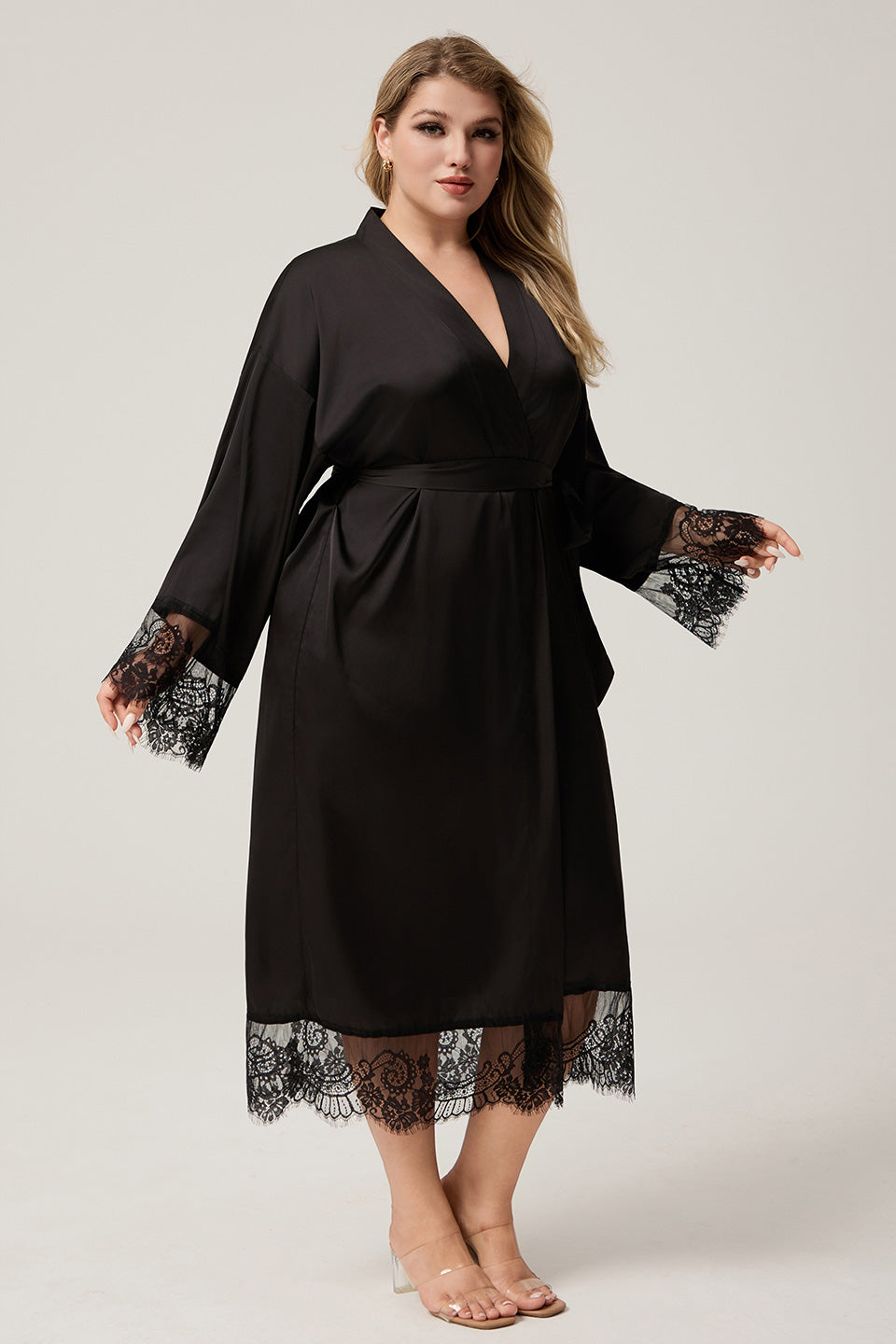 Curveins Plus Size Lace Trim Satin Chiffon Long Sleeve Soft Sleepwear Robe
