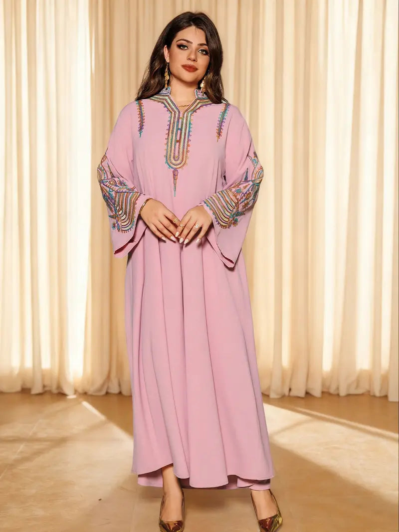 Elegant Muslim Women's Long Robe with Colorful Embroidery, Perfect for All Seasons, Stylish and Comfortable Clothing