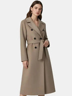 Long double-breasted coat with a belt and lapel, suitable for everyday wear and versatile