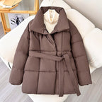 Premium Women  Mid Length Belted Puffer Jacket Women Casual Coat, Water Repellent Women Winter Ladies Classic Quilted Outerwear Coat Big Pocket
