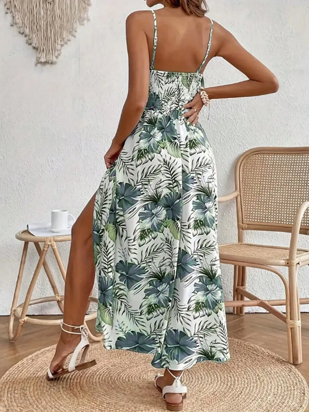 Women's Summer Holiday V-Neck Sleeveless Tropical Print Bohemian Maxi Dress with High Side Slit