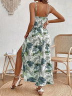 Women's Summer Holiday V-Neck Sleeveless Tropical Print Bohemian Maxi Dress with High Side Slit