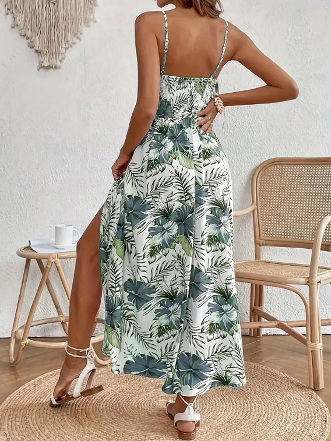 Women's Summer Holiday V-Neck Sleeveless Tropical Print Bohemian Maxi Dress with High Side Slit