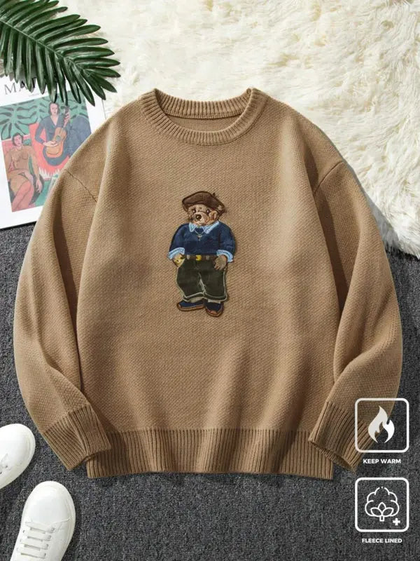 Unisex Cartoon Bear Print Crew Neck Sweater, Casual Loose Long Sleeve Jumper for Fall & Winter, Fashion Ladies' Knitwear for Daily Wear