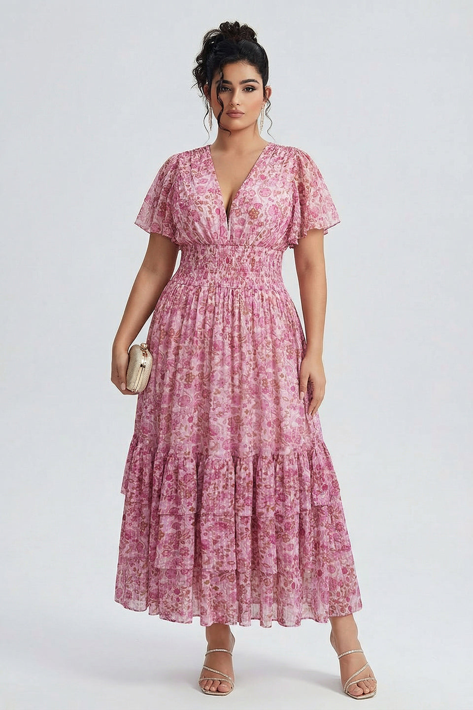 Curveins Plus Size  Floral Smocked Waist Ruffle Sleeve Maxi Dress