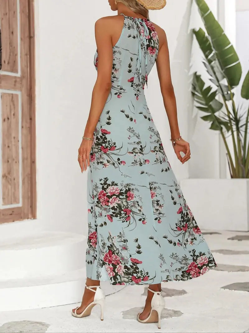 Women's Floral Print Split Thigh Halter Dress, Tie Back Design, Bohemian Boho Summer Long Sleeveless Fitted Dress, Elegant Printed Series