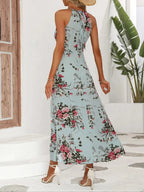 Women's Floral Print Split Thigh Halter Dress, Tie Back Design, Bohemian Boho Summer Long Sleeveless Fitted Dress, Elegant Printed Series