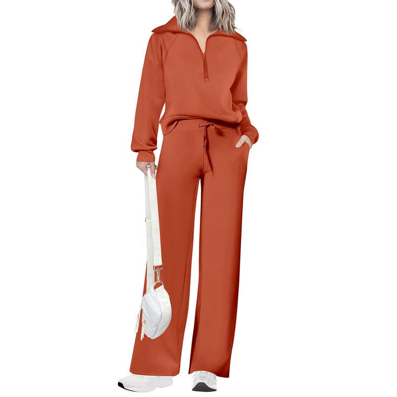 Women's Casual 2-Piece Sweatsuit Set - Half Zip Pullover Sweatshirt & Wide Leg Pants with Drawstring - Matching Tops & Sweatpants for Comfort