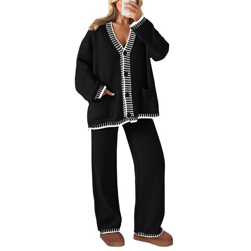 Women's 2 Piece Set Winter Knit Outfits Matching Loungewear Long Sleeve V Neck Cardigan Sweaters Wide Leg Pants Tracksuits