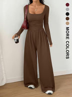 Women's Fall Winter Knit Wide Leg Jumpsuit, Casual Fashion Plain Color Round Neck One-Piece, Versatile Long Sleeve Romper