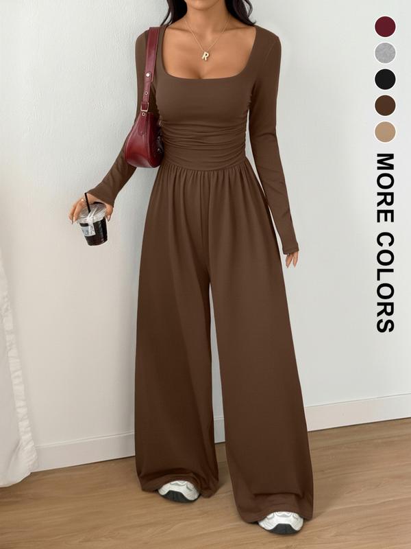 Women's Fall Winter Knit Wide Leg Jumpsuit, Casual Fashion Plain Color Round Neck One-Piece, Versatile Long Sleeve Romper