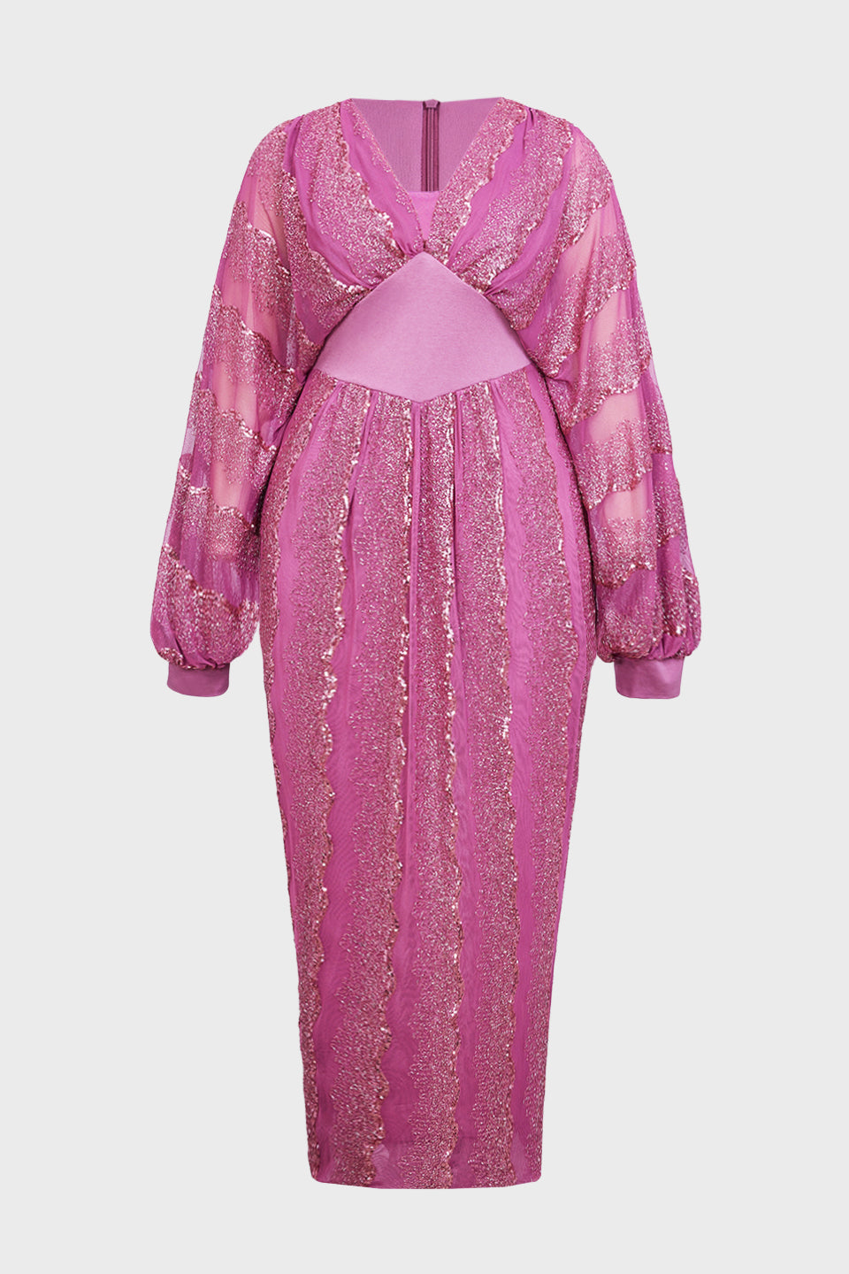 Curveins Plus Size V-Neck Sequin Balloon Sleeve Back-Slit Elegant Evening Maxi Dress