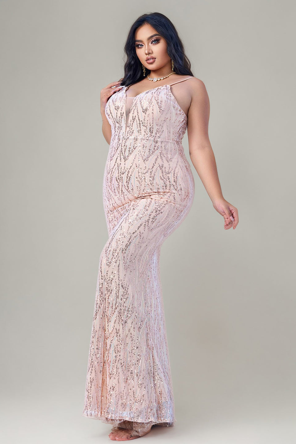 Curveins Plus Size V-Neck Spaghetti Strap Sleeveless Sequin Bodycon Maxi Dress