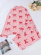 Two-piece Set Women's Bow Print Button Front Pocket Shirt & Elastic Waist Pants Pajama, Casual Comfy Long Sleeve Lapel Neck Top & Trousers Pj Set