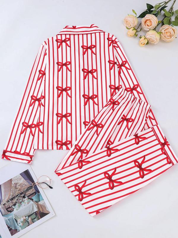 Two-piece Set Women's Bow Print Button Front Pocket Shirt & Elastic Waist Pants Pajama, Casual Comfy Long Sleeve Lapel Neck Top & Trousers Pj Set