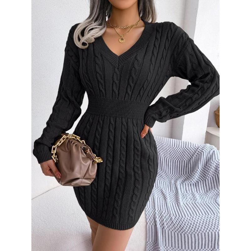Women's Cozy V-Neck Cable Knit Sweater Dress – Soft Textured Drop Shoulder Long Sleeve Dress for Fall & Winter