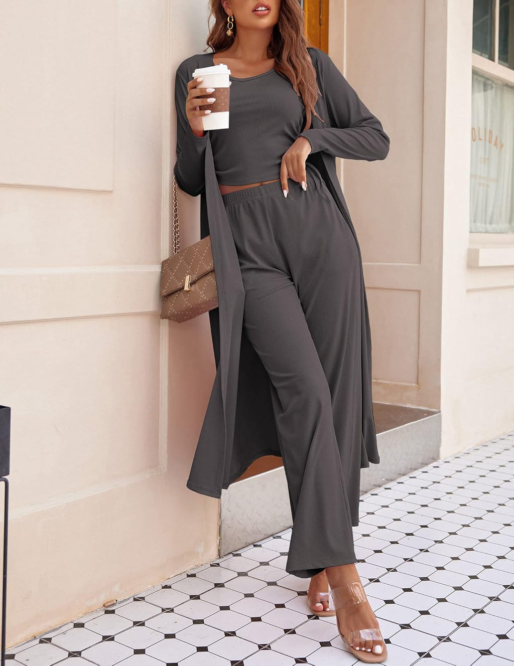 Women's 3 Piece Lounge Set Pajama Long Sleeve Cardigan Sleeveless Top Pants Sweatsuit