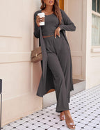 Women's 3 Piece Lounge Set Pajama Long Sleeve Cardigan Sleeveless Top Pants Sweatsuit