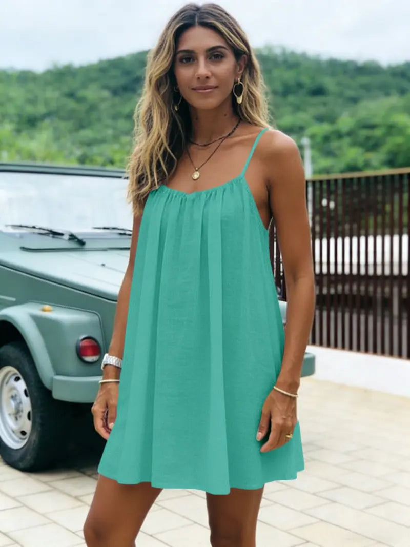 New Solid Backless Spaghetti Strap Short Dress