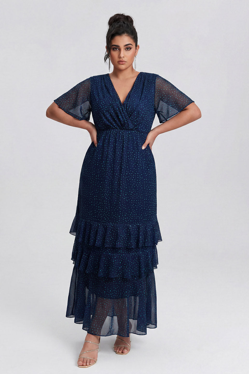 Curveins Plus Size V-Neck Batwing Sleeve Printed Maxi Dress with Ruched Detail