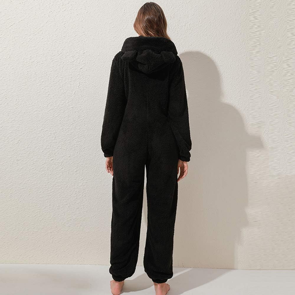 Womens Fleece Onesies Pajamas Jumpsuit Warm Sherpa Romper Sleepwear One Piece Zipper Hooded Playsuit Loungewear