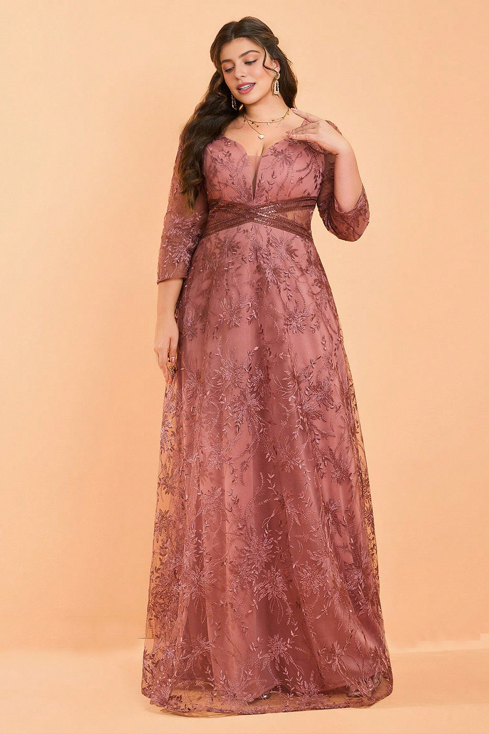 Curveins Plus Size Elegant V-Neck Floral Sequin Dress with Defined Waist