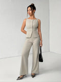 Women's Solid Button Front Sleeveless Tank Top & Wide Leg Pants Set, Casual Elegant Chic Minimalist Fashion Two-piece Set for Summer, Women's Clothing for Daily Wear, Suits, Office Siren Outfits, Casual Matching Set, Corporate Outfits Women