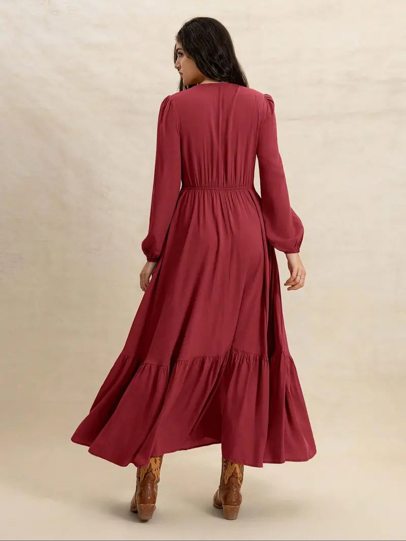 Women's Plain V Neck Long Sleeve Dress, Casual Fitted Woven Dress for All Seasons, Daily Wear Fashionable Women's Clothing