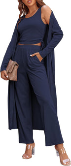 Women's 3 Piece Lounge Set Pajama Long Sleeve Cardigan Sleeveless Top Pants Sweatsuit