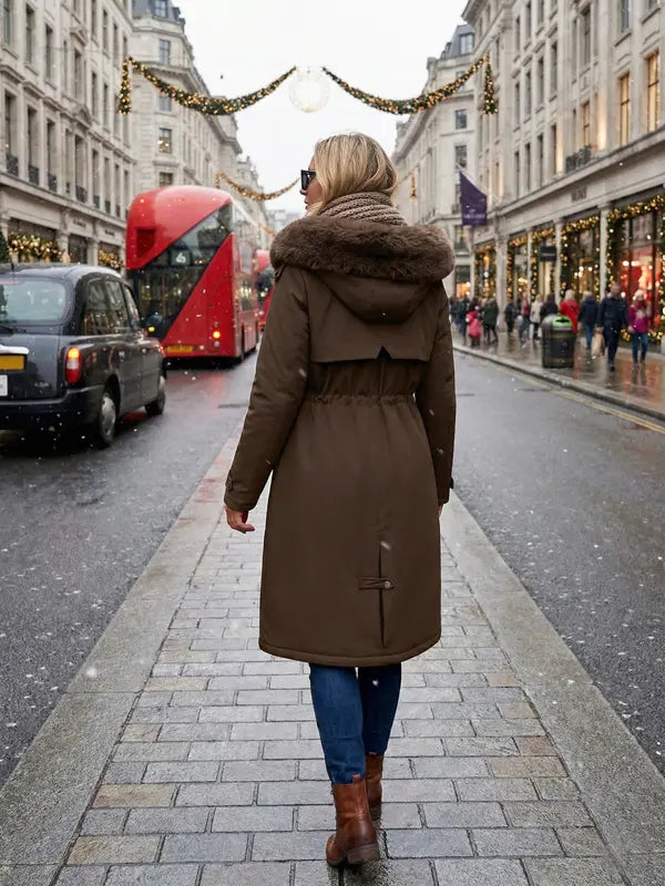 Women's Fall Winter Warm Fashion Mid-Length Parka Coat, Faux Fur Collar Drawstring Waist Belt, Windproof Waterproof Cold-Resistant