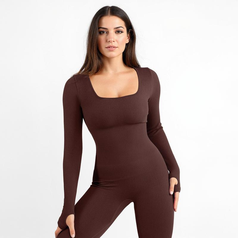 Womenswear Workout Solid Color U Neck Seamless Long Sleeve Yoga Jumpsuit,Jumpsuit for Daily Outdoor Wear,Plain Thumb Holes Sportswear
