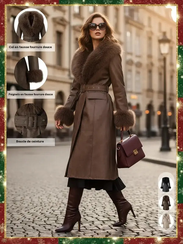 Women's Fall Winter Long Windproof Waterproof Jacket Coat, Comfortable Faux Fur Collar, Thick PU Leather, Slim Fit with Belted Design