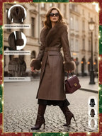 Women's Fall Winter Long Windproof Waterproof Jacket Coat, Comfortable Faux Fur Collar, Thick PU Leather, Slim Fit with Belted Design
