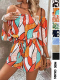 Women's Leaf Print Off Shoulder Tie Front Romper, Casual Flounce Sleeve Romper for Summer, Fashion Women's Clothing for Beach Holiday Vacation