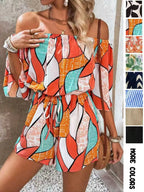 Women's Leaf Print Off Shoulder Tie Front Romper, Casual Flounce Sleeve Romper for Summer, Fashion Women's Clothing for Beach Holiday Vacation