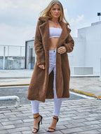 Women's Plain Pocket Button Front Faux Fur Coat, Casual Long Sleeve Lapel Outerwear For Fall & Winter, Women's Clothing For Daily Wear