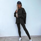 Oversize Two-Piece Set Women's  Split Hem Sweatshirt & Skinny Pants, Casual Fashion Cozy Round Neck Long Sleeve Pullover Women's Clothing for Fall & Basic Winter  Suits Womenswear Gamis