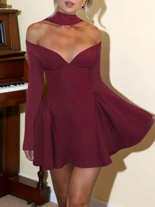 Women's Plain Off Shoulder Dress, Elegant Long Sleeve A Line Dress for Party Holiday Wedding Guest, Ladies Spring & Fall Clothes